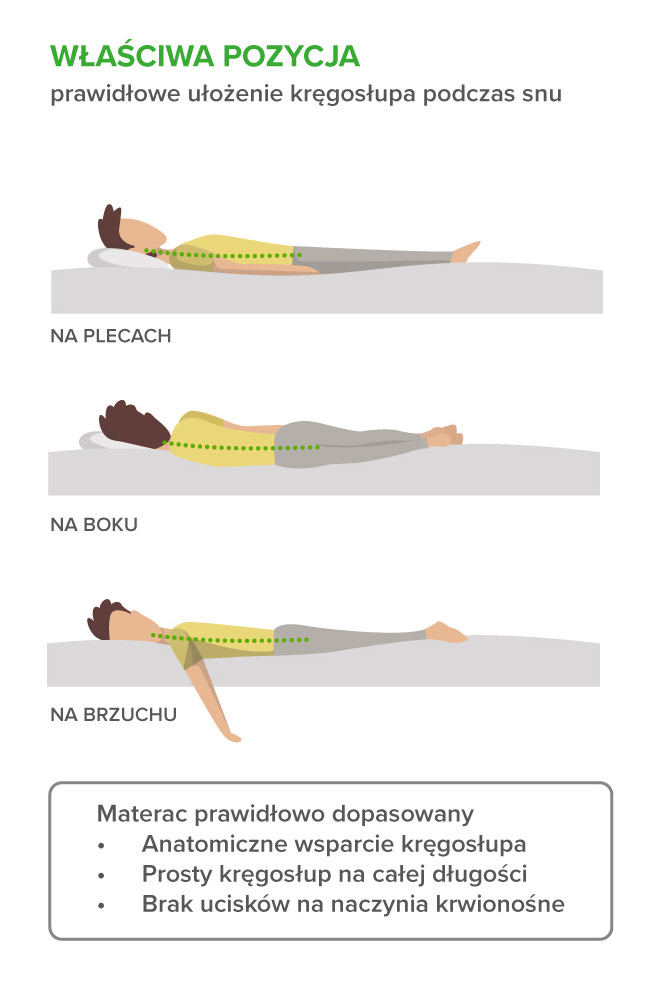 Infografika - prawidłowa pozycja kręgosłupa na materacu podczas snu - zdrowy-sen.eu