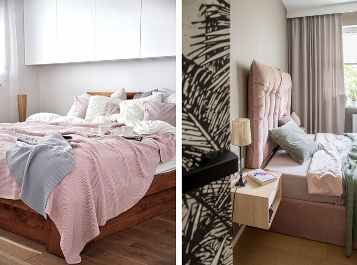Jasna, optycznie powiększająca przestrzeń zabudowa małej sypialni, wiszący na ścianie zagłówek łóżka w aranżacji małej sypialni – zdrowy-sen.eu